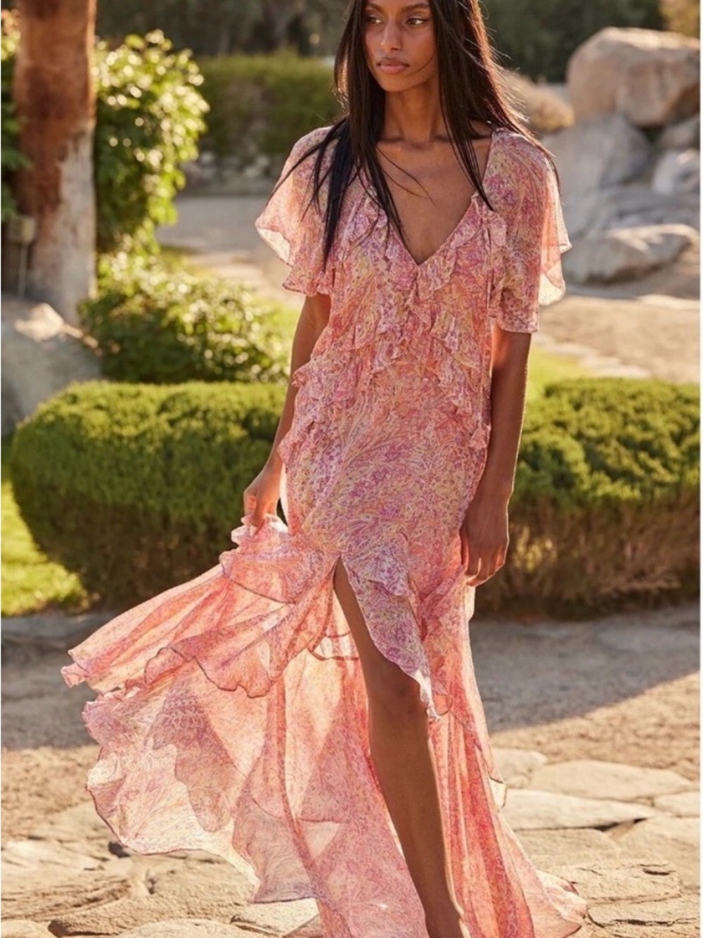 Misa Los Angeles Pink Floral Ruffled Maxi Dress